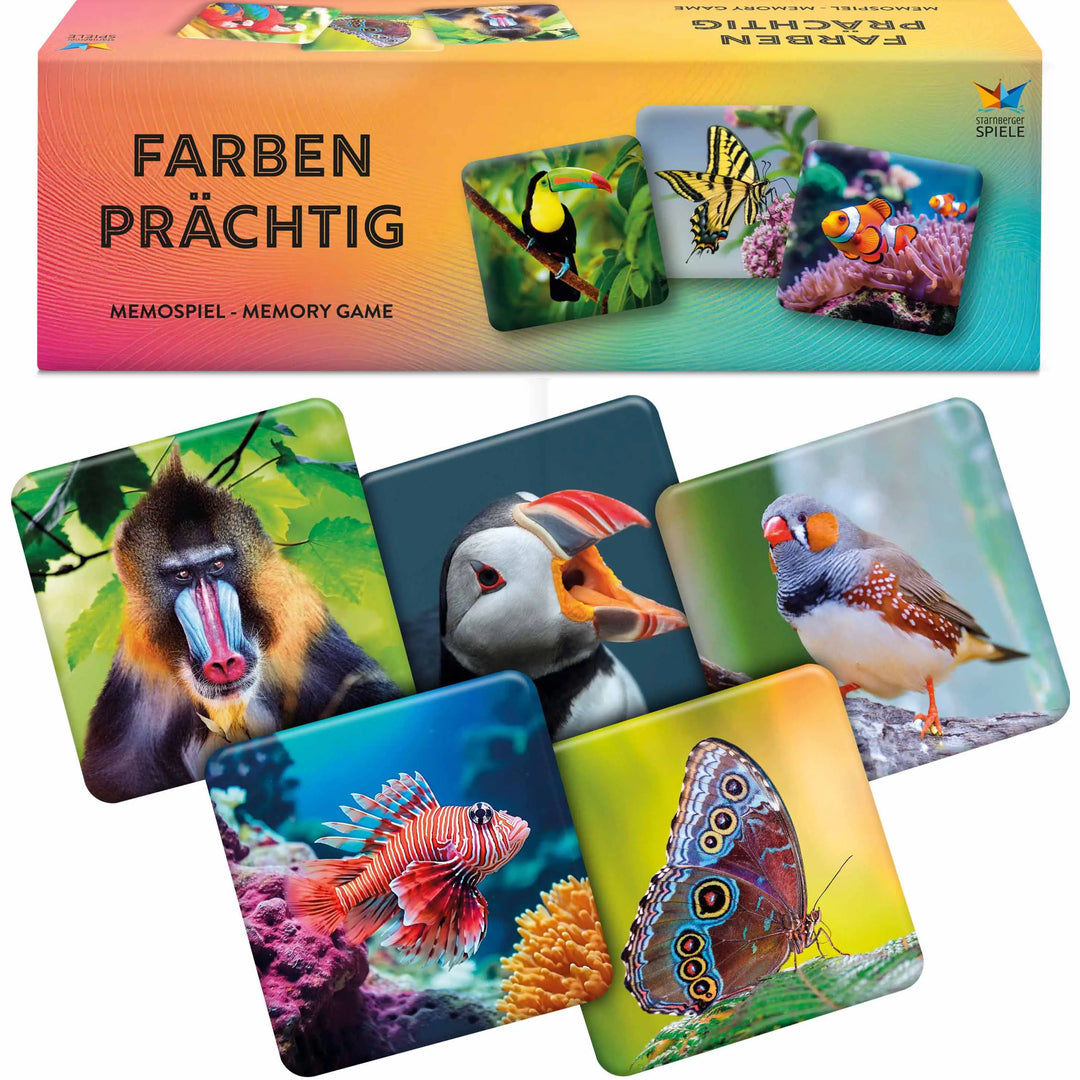 Farbenprächtig Memospiel von Starnberger Spiele mit farbenfrohen Tiermotiven. Die Verpackung und Spielkarten zeigen bunte Tiere wie Mandrill, Papageitaucher, Zebrafink, Rotfeuerfisch und Schmetterling. Gedächtnisspiel für Kinder und Erwachsene