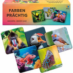 Farbenprächtig Memospiel von Starnberger Spiele mit farbenfrohen Tiermotiven. Die Verpackung und Spielkarten zeigen bunte Tiere wie Mandrill, Papageitaucher, Zebrafink, Rotfeuerfisch und Schmetterling. Gedächtnisspiel für Kinder und Erwachsene