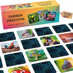 Farbenprächtig Memospiel mit farbenfrohen Tiermotiven, Spielkarten und Verpackung. Gedächtnisspiel für Kinder und Erwachsene, nachhaltig in Deutschland hergestellt.