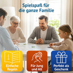 Familie mit Kindern und Großeltern spielt gemeinsam das Memospiel Tierisch Lustig – generationenübergreifender Spielspaß für Jung und Alt