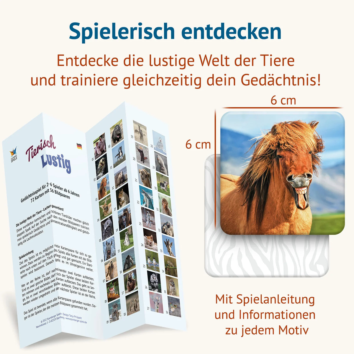 Detailansicht des Memospiels Tierisch Lustig mit humorvollen Tierfotografien, Spielkarten und Informationen zu jedem Motiv