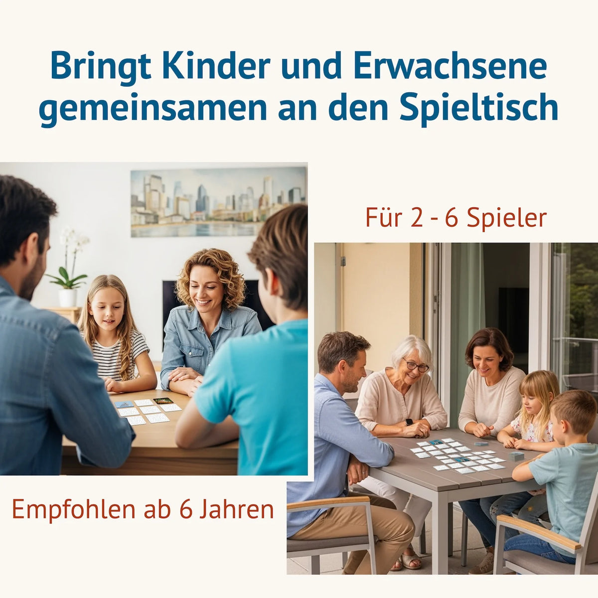 Familien mit Kindern und Großeltern spielen gemeinsam das Memospiel Tierisch Lustig – geeignet ab 6 Jahren für 2 bis 6 Spieler
