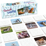 Hochwertige Verpackung und Spielszene des Memospiels Tierisch Lustig mit humorvollen Tierfotografien