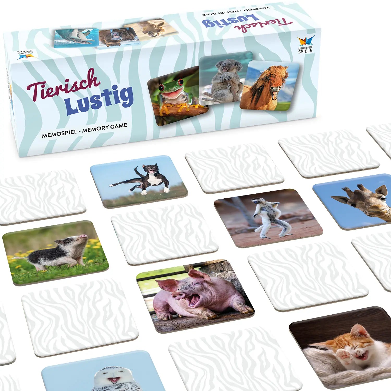 Hochwertige Verpackung und Spielszene des Memospiels Tierisch Lustig mit humorvollen Tierfotografien