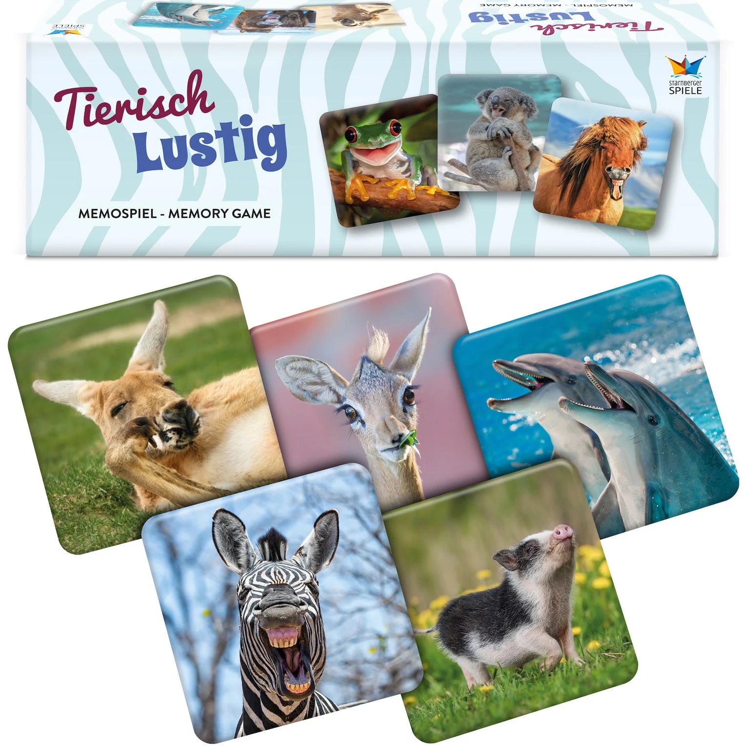 Tierisch Lustig Memospiel mit 36 tierisch lustigen Bildpaaren. Das Gedächtnisspiel begeistert mit humorvollen Tiermotiven, hochwertiger Tierfotografie und Spielspaß für Kinder und Erwachsene.