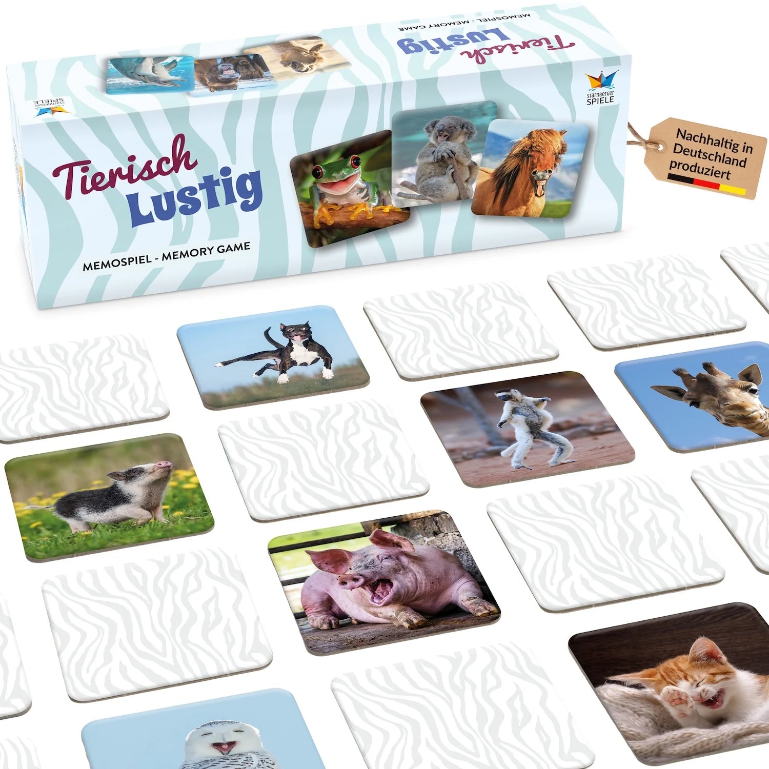 Spielszene des Memospiels Tierisch Lustig mit humorvollen Tierfotografien