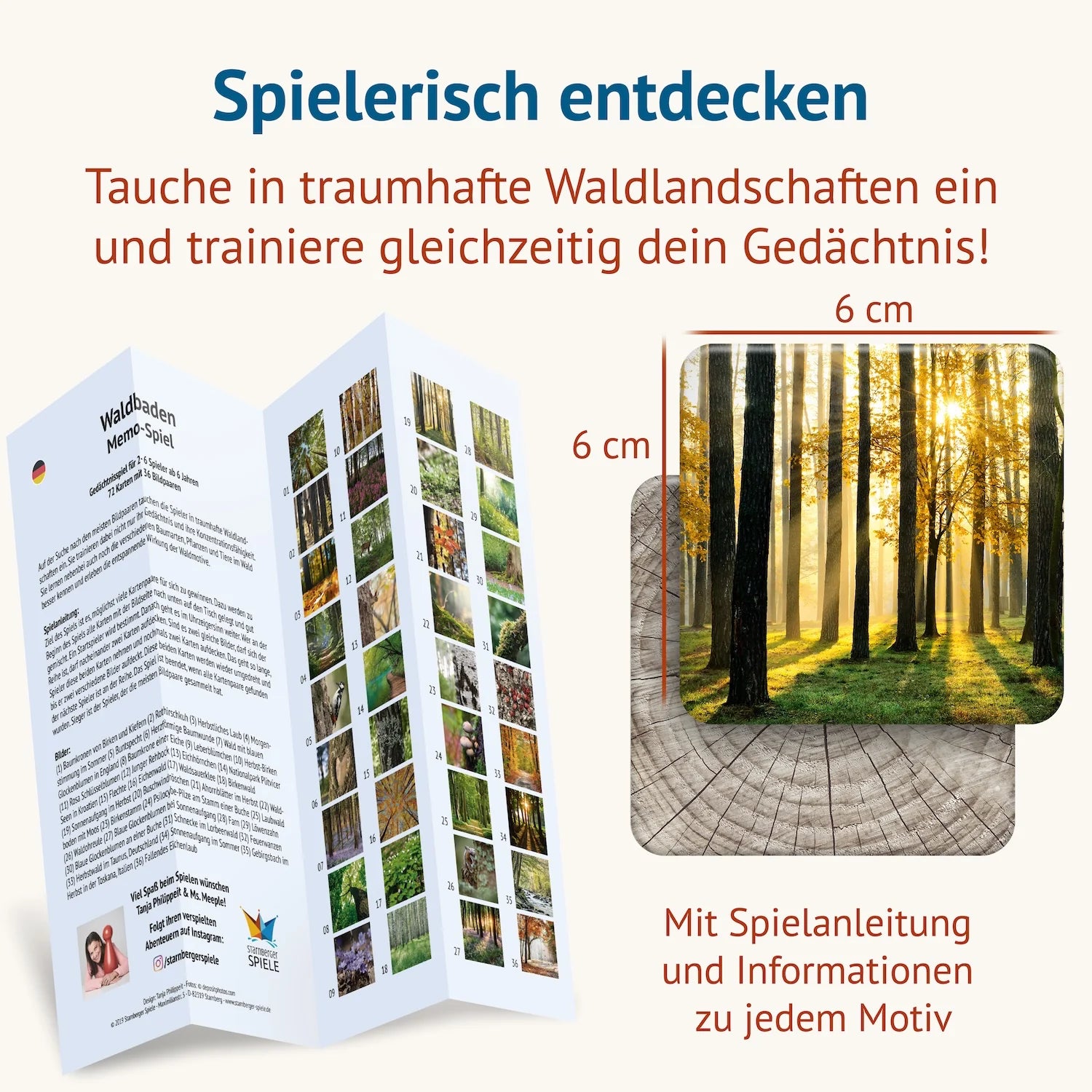 Memospiel Waldbaden mit Naturfotografien, Spielkarten und Spielanleitung für Familien und Naturfreunde