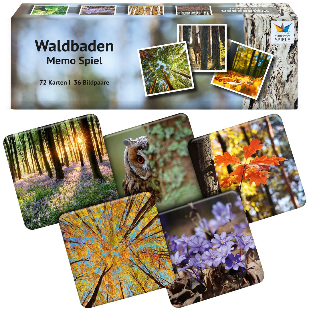 Verpackung und Spielkarten des Memospiels Waldbaden mit stimmungsvollen Naturfotografien aus Waldlandschaften und Tiermotiven