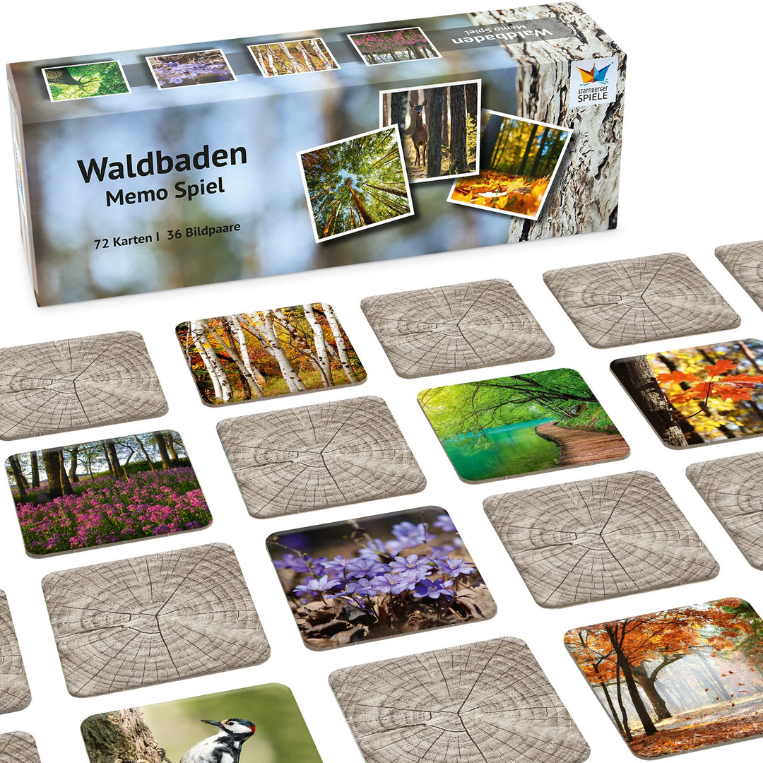 Spielszene des Memospiels Waldbaden mit Naturfotografien, Spielkarten und Verpackung