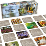 Spielszene des Memospiels Waldbaden mit Naturfotografien, Spielkarten und Verpackung