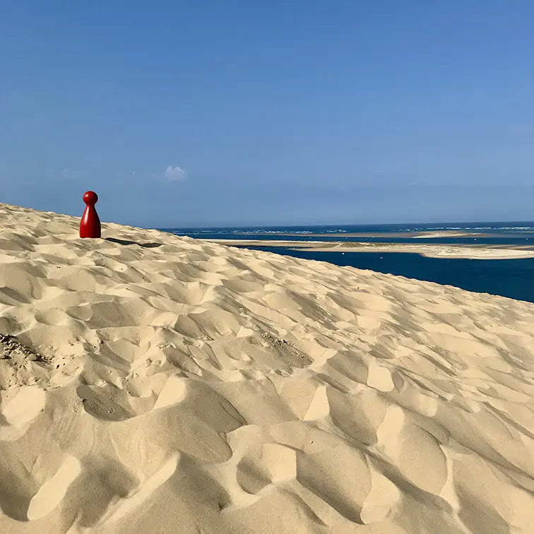 Ms. Meeple auf der Dune du Pilat mit Blick auf das Bassin d'Arcachon an der französischen Atlantikküste
