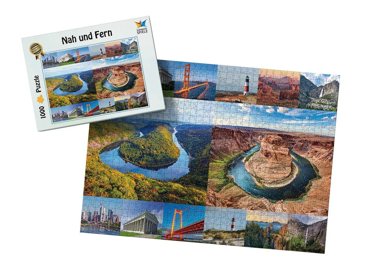 Nah und Fern Puzzle von Starnberger Spiele mit Puzzlebox und gelegtem Puzzle. Die Collage zeigt verblüffend ähnliche Landschaften und Sehenswürdigkeiten aus Deutschland und den USA, darunter die Saarschleife und Horseshoe Bend sowie weitere bekannte Natur- und Architekturmotive aus beiden Ländern. 1000 Teile, Special Edition Deutschland–USA.
