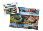 Nah und Fern Puzzle von Starnberger Spiele mit Puzzlebox und gelegtem Puzzle. Die Collage zeigt verblüffend ähnliche Landschaften und Sehenswürdigkeiten aus Deutschland und den USA, darunter die Saarschleife und Horseshoe Bend sowie weitere bekannte Natur- und Architekturmotive aus beiden Ländern. 1000 Teile, Special Edition Deutschland–USA.