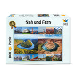 Vorderseite der Verpackung des Nah und Fern Puzzles von Starnberger Spiele. Das 1000-Teile-Puzzle zeigt eine außergewöhnliche Fotocollage mit ähnlichen Landschaften und Sehenswürdigkeiten aus Deutschland und den USA. Im Mittelpunkt stehen die Saarschleife und Horseshoe Bend als beeindruckende Flussschleifen. Weitere Motivpaare zeigen bekannte Wahrzeichen, Küstenlandschaften, Brücken, Leuchttürme und Naturwunder, deren verblüffende Ähnlichkeit zum Vergleichen und Entdecken einlädt.