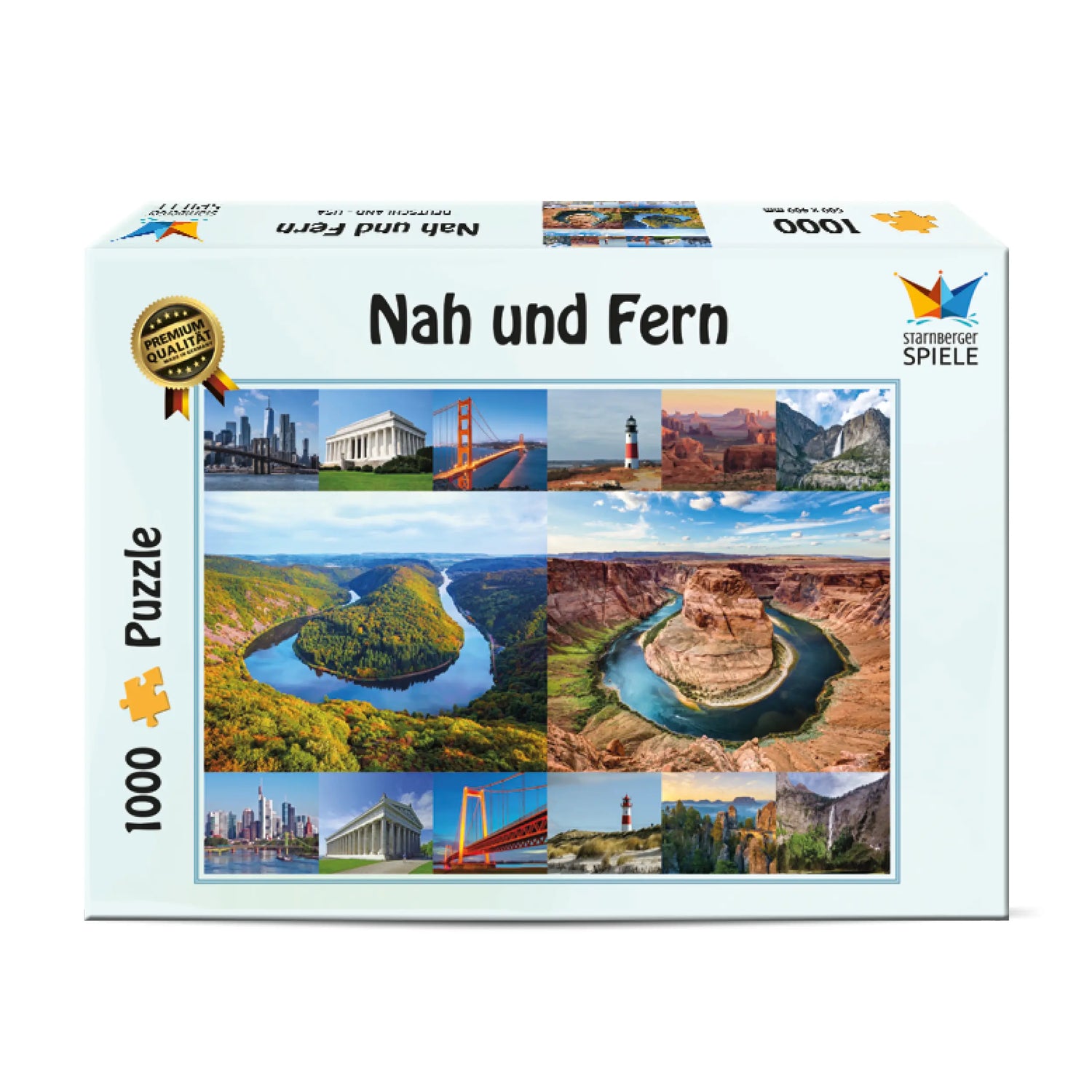 Vorderseite der Verpackung des Nah und Fern Puzzles von Starnberger Spiele. Das 1000-Teile-Puzzle zeigt eine außergewöhnliche Fotocollage mit ähnlichen Landschaften und Sehenswürdigkeiten aus Deutschland und den USA. Im Mittelpunkt stehen die Saarschleife und Horseshoe Bend als beeindruckende Flussschleifen. Weitere Motivpaare zeigen bekannte Wahrzeichen, Küstenlandschaften, Brücken, Leuchttürme und Naturwunder, deren verblüffende Ähnlichkeit zum Vergleichen und Entdecken einlädt.