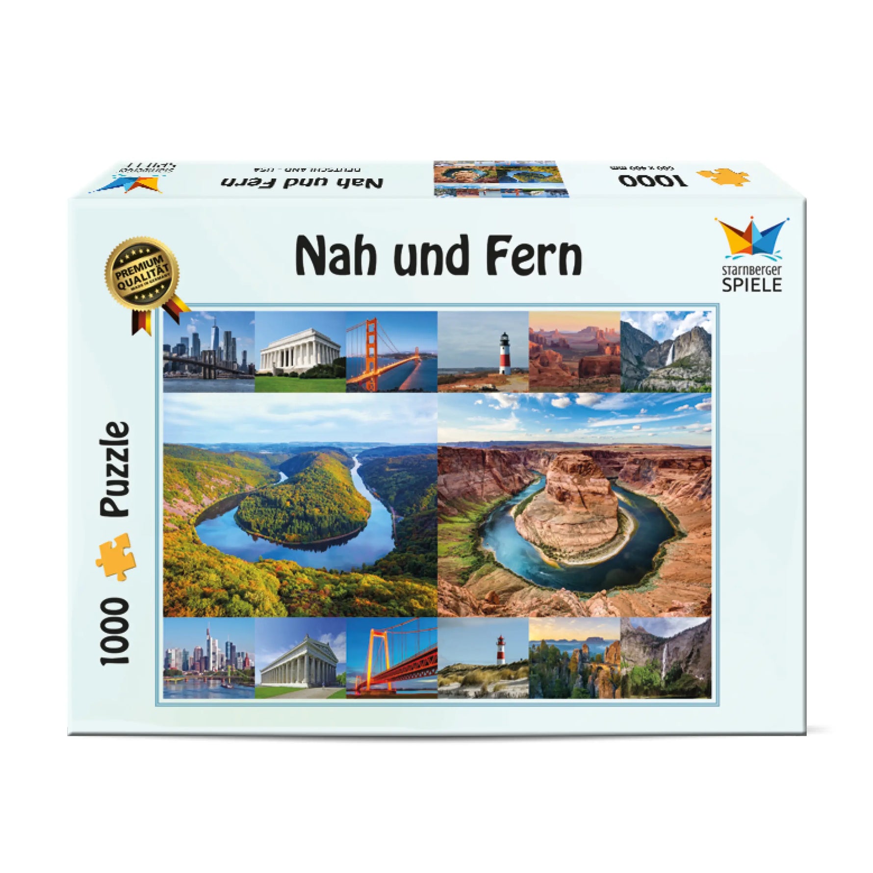 Vorderseite der Verpackung des Nah und Fern Puzzles von Starnberger Spiele. Das 1000-Teile-Puzzle zeigt eine außergewöhnliche Fotocollage mit ähnlichen Landschaften und Sehenswürdigkeiten aus Deutschland und den USA. Im Mittelpunkt stehen die Saarschleife und Horseshoe Bend als beeindruckende Flussschleifen. Weitere Motivpaare zeigen bekannte Wahrzeichen, Küstenlandschaften, Brücken, Leuchttürme und Naturwunder, deren verblüffende Ähnlichkeit zum Vergleichen und Entdecken einlädt.