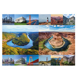 Motiv des Nah und Fern Puzzles von Starnberger Spiele mit einer außergewöhnlichen Collage ähnlicher Landschaften und Sehenswürdigkeiten aus Deutschland und den USA. Im Mittelpunkt stehen die Saarschleife im Saarland und Horseshoe Bend in Arizona. Ergänzt wird die Collage durch weitere verblüffend ähnliche Motivpaare wie Frankfurt und New York, die Walhalla und das Lincoln Memorial, die Golden Gate Bridge und die Fehmarnsundbrücke sow
