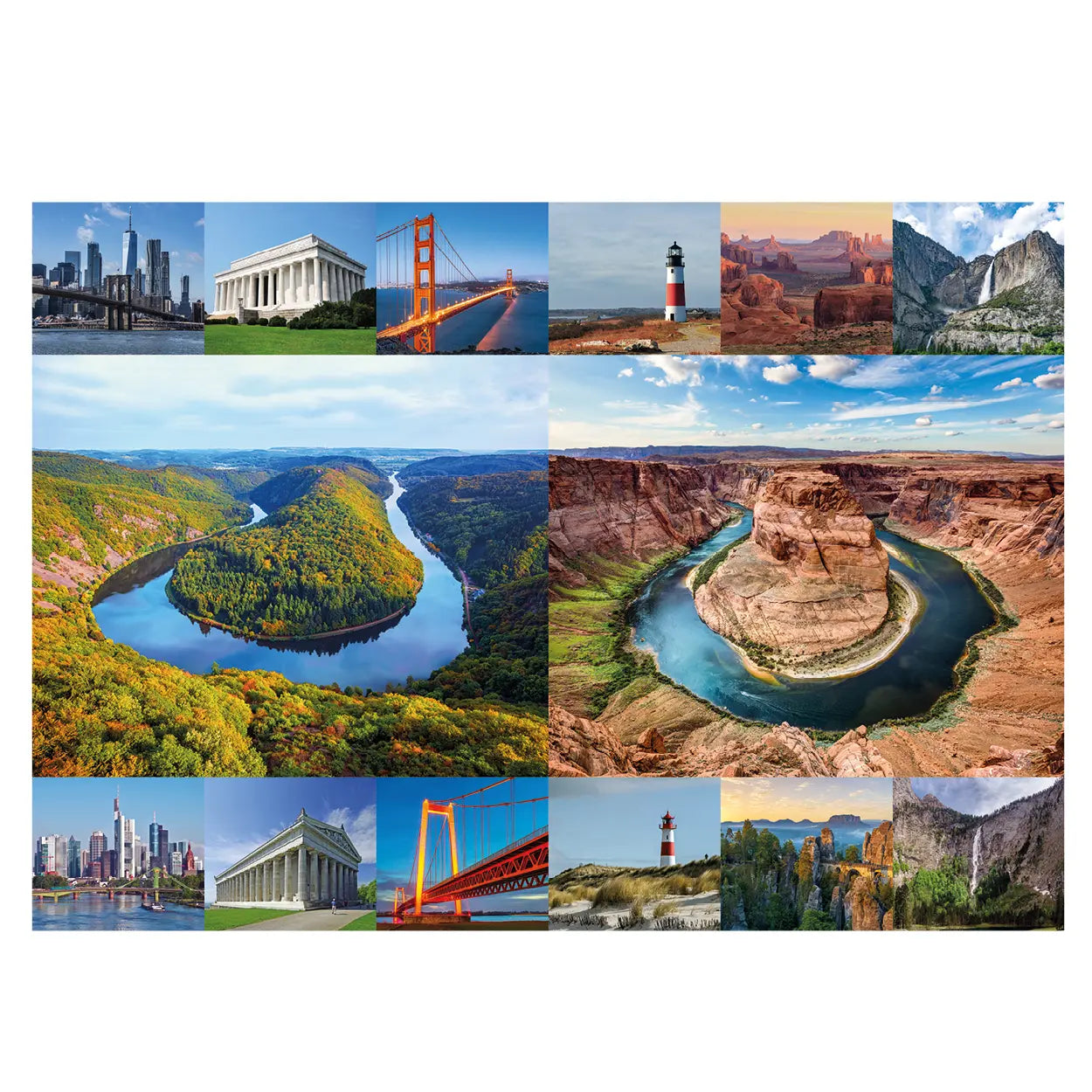 Motiv des Nah und Fern Puzzles von Starnberger Spiele mit einer außergewöhnlichen Collage ähnlicher Landschaften und Sehenswürdigkeiten aus Deutschland und den USA. Im Mittelpunkt stehen die Saarschleife im Saarland und Horseshoe Bend in Arizona. Ergänzt wird die Collage durch weitere verblüffend ähnliche Motivpaare wie Frankfurt und New York, die Walhalla und das Lincoln Memorial, die Golden Gate Bridge und die Fehmarnsundbrücke sow