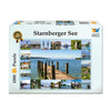 Vorderseite der Verpackung des Starnberger See Puzzles von Starnberger Spiele. Das 1000-Teile-Puzzle zeigt eine Fotocollage mit den schönsten Sehenswürdigkeiten und Landschaften rund um den Starnberger See. Im Mittelpunkt steht ein Holzsteg mit Blick über den See bis zu den Alpen. Die Collage enthält außerdem Schlösser, Kirchen, Dampfschiffe, Segelboote, Uferansichten und weitere regionale Motive aus der Starnberger-See-Region.
