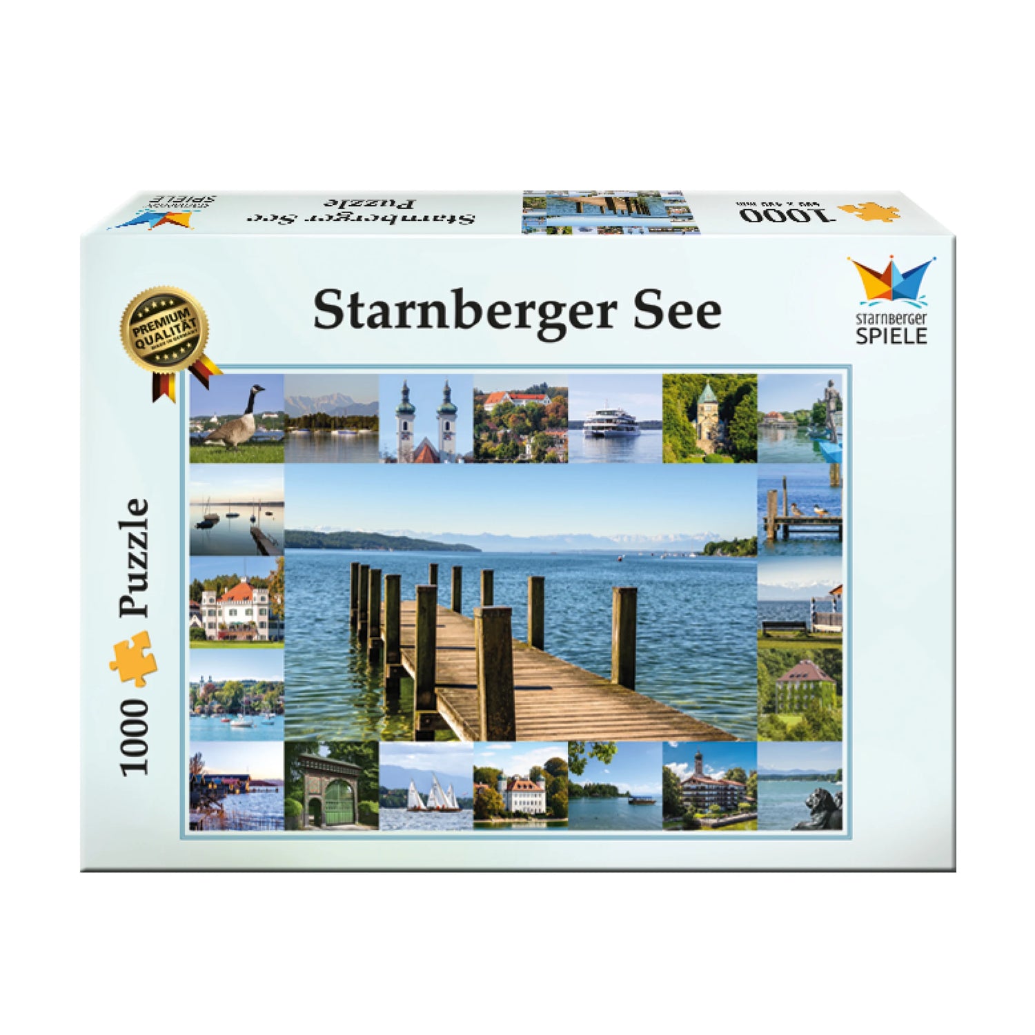 Vorderseite der Verpackung des Starnberger See Puzzles von Starnberger Spiele. Das 1000-Teile-Puzzle zeigt eine Fotocollage mit den schönsten Sehenswürdigkeiten und Landschaften rund um den Starnberger See. Im Mittelpunkt steht ein Holzsteg mit Blick über den See bis zu den Alpen. Die Collage enthält außerdem Schlösser, Kirchen, Dampfschiffe, Segelboote, Uferansichten und weitere regionale Motive aus der Starnberger-See-Region.