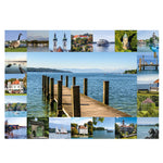 Motiv des Starnberger See Puzzles von Starnberger Spiele mit einer stimmungsvollen Collage aus ausgewählten Fotografien rund um den Starnberger See. Im Mittelpunkt steht ein hölzerner Steg mit Blick über den See auf die Alpenkette. Die Collage wird umrahmt von bekannten Sehenswürdigkeiten, Schlössern, Kirchen, Bootshäusern, Segelbooten, Ausflugsschiffen, Badeplätzen, Naturmotiven und Uferlandschaften aus der Region. Die abwechslungsreiche Bildkomposition basiert auf den schönsten Motiven des Starnberger See