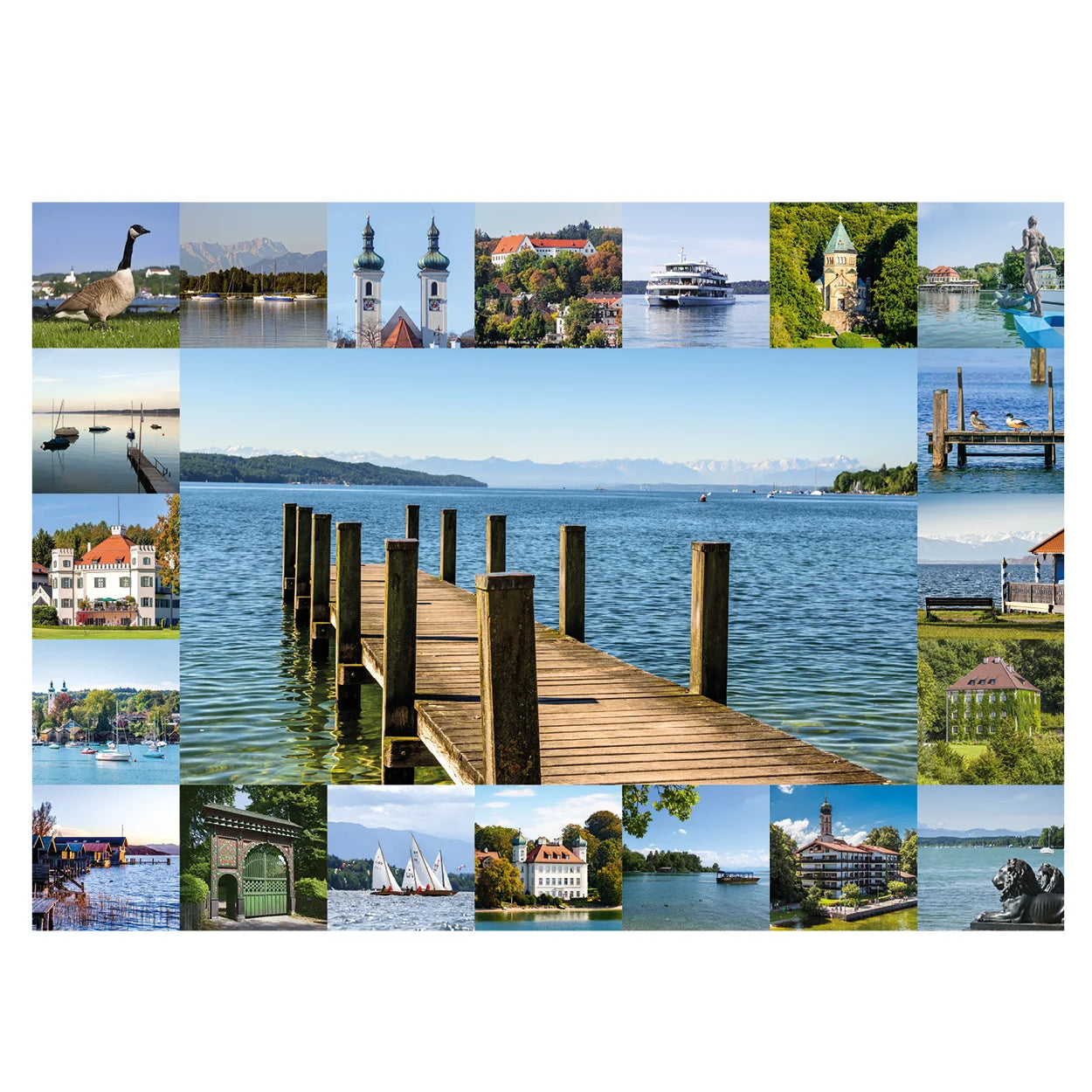 Motiv des Starnberger See Puzzles von Starnberger Spiele mit einer stimmungsvollen Collage aus ausgewählten Fotografien rund um den Starnberger See. Im Mittelpunkt steht ein hölzerner Steg mit Blick über den See auf die Alpenkette. Die Collage wird umrahmt von bekannten Sehenswürdigkeiten, Schlössern, Kirchen, Bootshäusern, Segelbooten, Ausflugsschiffen, Badeplätzen, Naturmotiven und Uferlandschaften aus der Region. Die abwechslungsreiche Bildkomposition basiert auf den schönsten Motiven des Starnberger See