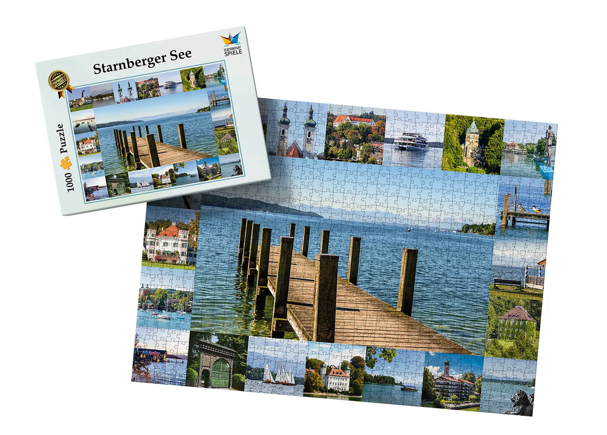 Starnberger See Puzzle von Starnberger Spiele mit 1000 Teilen. Das Bild zeigt die Puzzle-Schachtel neben dem fertig gelegten Motiv. Die Fotocollage vereint die schönsten Ansichten rund um den Starnberger See, darunter Stege, Schlösser, Kirchen, Segelboote, Dampfschiffe und idyllische Uferlandschaften. Im Zentrum steht ein Holzsteg mit Blick über den See bis zu den Alpen im Hintergrund.
