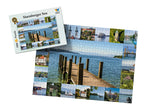 Starnberger See Puzzle von Starnberger Spiele mit 1000 Teilen. Das Bild zeigt die Puzzle-Schachtel neben dem fertig gelegten Motiv. Die Fotocollage vereint die schönsten Ansichten rund um den Starnberger See, darunter Stege, Schlösser, Kirchen, Segelboote, Dampfschiffe und idyllische Uferlandschaften. Im Zentrum steht ein Holzsteg mit Blick über den See bis zu den Alpen im Hintergrund.