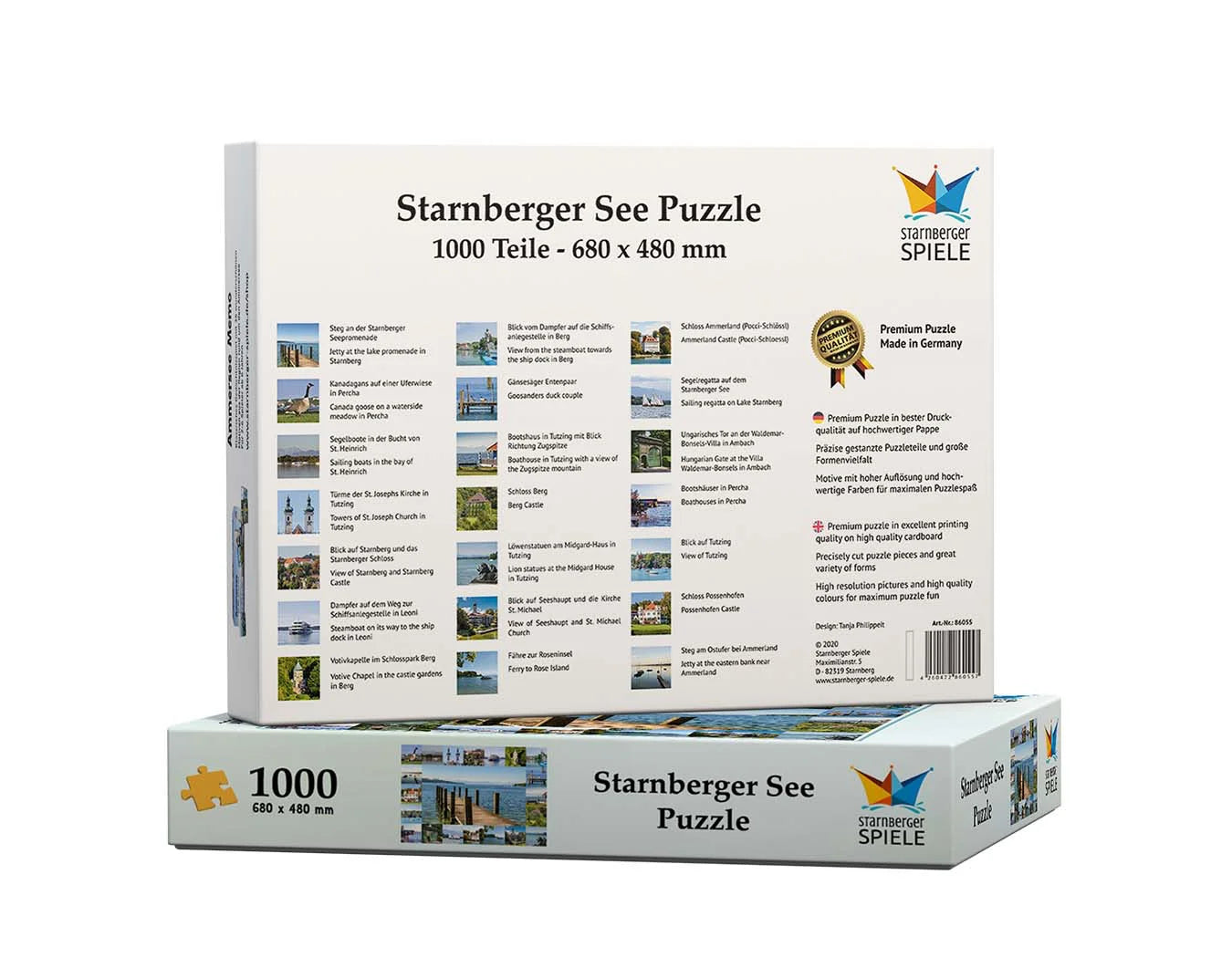 Rückseite des Starnberger See Puzzles von Starnberger Spiele mit Übersicht aller Motive der Puzzle-Collage. Die Verpackung zeigt die einzelnen Sehenswürdigkeiten, Landschaften und Uferansichten rund um den Starnberger See mit Ortsangaben in Deutsch und Englisch. Daneben werden die Qualitätsmerkmale des 1000-Teile-Puzzles vorgestellt. Im Vordergrund ist die Unterseite der Puzzle-Schachtel mit Produktbezeichnung und Motivvorschau zu sehen.