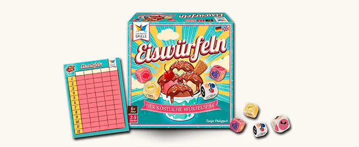 Verpackung des Würfelspiels Eiswürfeln von Starnberger Spiele mit bunten Eis-Würfeln und Punkteblock