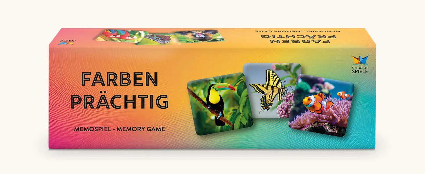 Verpackung des Memospiels „Farbenprächtig“ mit bunten Tiermotiven von Starnberger Spiele