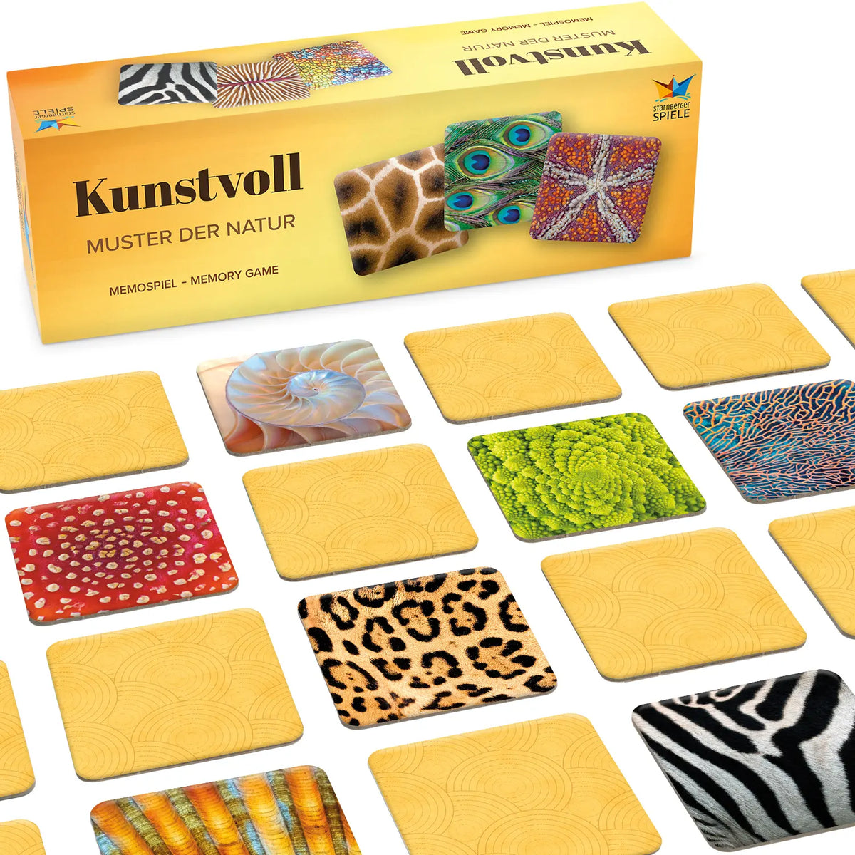 Memospiel Kunstvoll – Muster der Natur von Starnberger Spiele mit Schachtel und ausgelegten Karten, darunter Nautilus, Romanesco und Leopardenfell