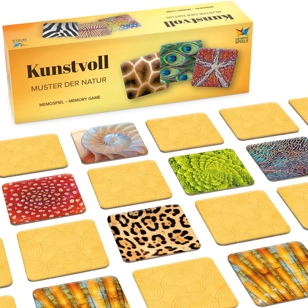 Memospiel Kunstvoll – Muster der Natur von Starnberger Spiele mit Schachtel und ausgelegten Karten, darunter Nautilus, Romanesco und Leopardenfell