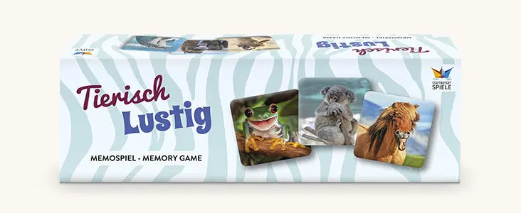 Die hellblau-weiß gestreifte Verpackung des Memospiels ‚Tierisch lustig‘ von Starnberger Spiele. Abgebildet sind der Spieletitel und drei quadratische Spielkarten mit einem grinsenden Frosch, einem klammernden Koala und einem wiehernden Pferd