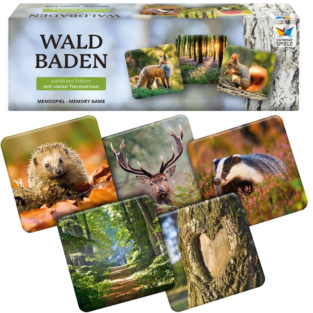 Verpackung des Memospiels „Waldbaden – Jubiläums-Edition“ mit fünf Bildkarten: Igel im Herbstlaub, Rothirsch, Dachs, sonniger Waldweg und herzförmige Baumwunde.