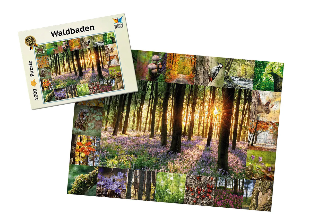 Waldbaden Puzzle mit 1000 Teilen von Starnberger Spiele. Das Bild zeigt die Puzzle-Schachtel sowie das fertig gelegte Puzzle mit einer stimmungsvollen Wald-Collage aus Bäumen, Waldblumen, Farnen, Pilzen und heimischen Tieren. Im Zentrum steht ein sonnendurchfluteter Waldweg, umrahmt von zahlreichen Naturmotiven.
