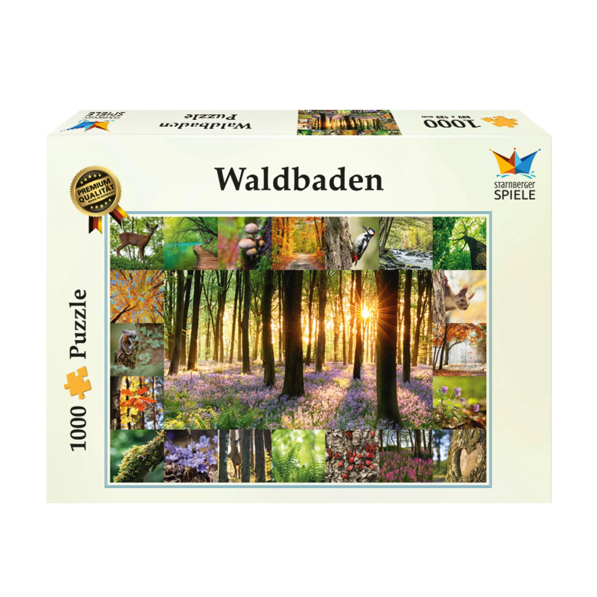 Verpackung des Waldbaden Puzzles von Starnberger Spiele mit 1000 Teilen. Die Schachtel zeigt eine stimmungsvolle Wald-Collage mit sonnendurchflutetem Buchenwald, Waldblumen, Farnen, Pilzen sowie heimischen Tieren wie Reh, Eichhörnchen und Specht. Premium-Puzzle für Natur- und Waldliebhaber.