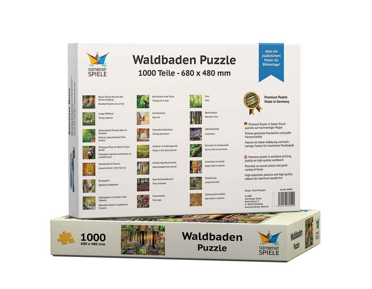 Rückseite und Seitenansicht der Verpackung des Waldbaden Puzzles von Starnberger Spiele mit 1000 Teilen. Die Abbildung zeigt die Puzzlebox mit Übersicht aller enthaltenen Waldmotive, Kurzinfos zu Pflanzen und Tieren sowie Hinweise zur Premium-Qualität, Made in Germany und dem zusätzlichen Poster als Bildvorlage.