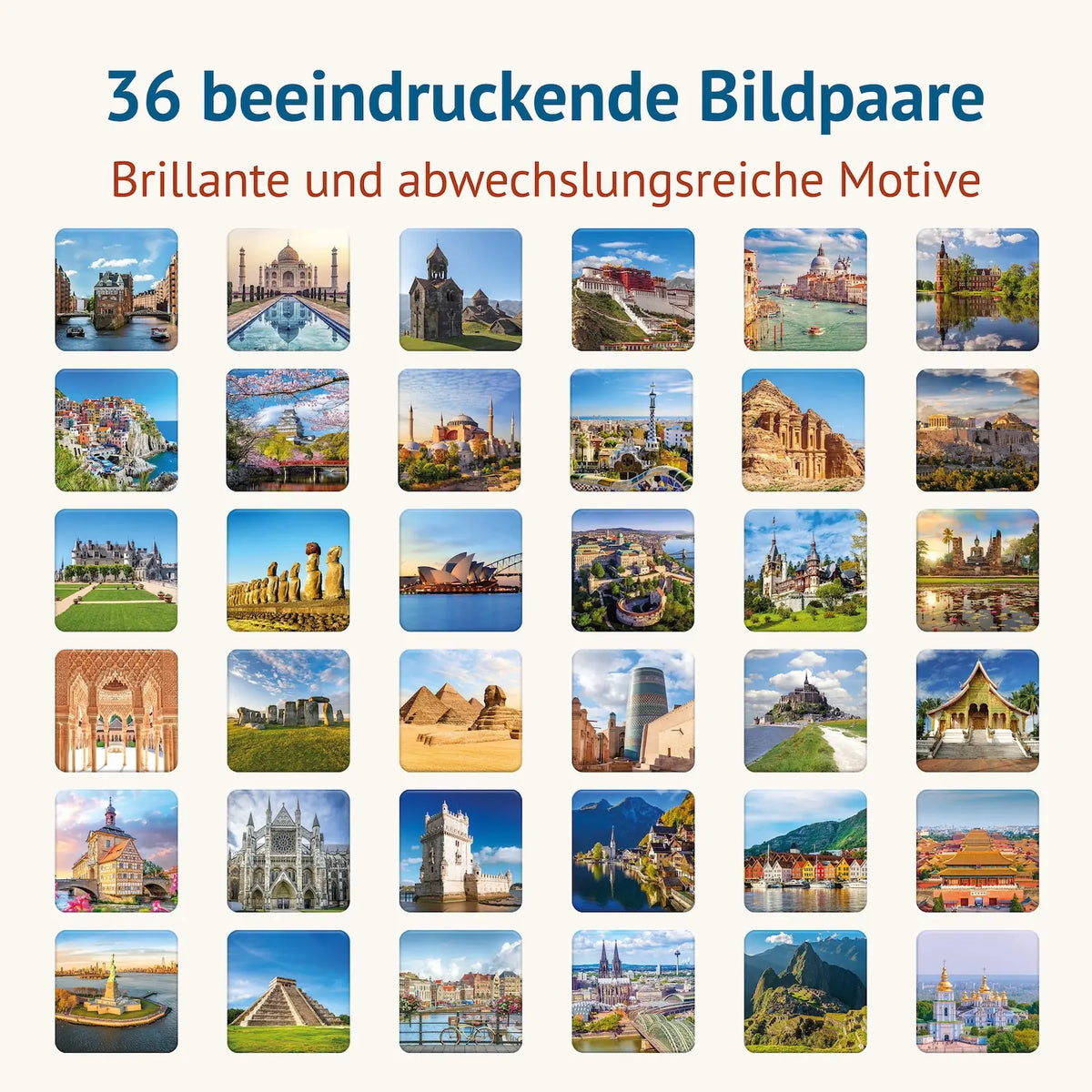 Übersicht der 36 UNESCO-Welterbestätten im Memospiel Das Weltkulturerbe – beeindruckende Sehenswürdigkeiten aus Europa, Asien, Afrika, Amerika und Ozeanien.