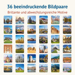 Übersicht der 36 UNESCO-Welterbestätten im Memospiel Das Weltkulturerbe – beeindruckende Sehenswürdigkeiten aus Europa, Asien, Afrika, Amerika und Ozeanien.