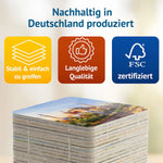 Stapel hochwertiger Memo-Karten des Memospiels Das Weltkulturerbe – stabile Qualität, FSC-zertifiziert und nachhaltig in Deutschland produziert.
