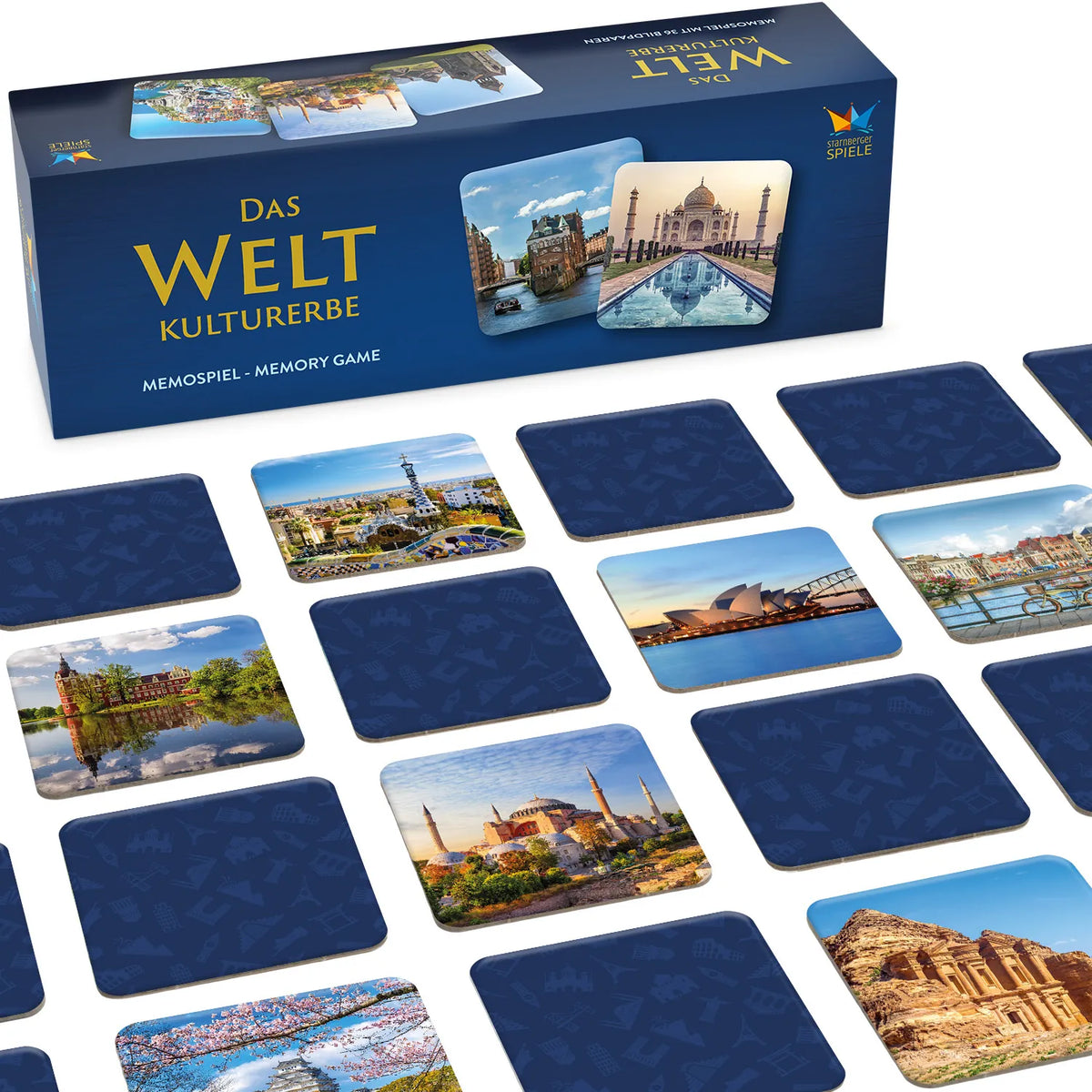 Memospiel Das Weltkulturerbe mit UNESCO-Sehenswürdigkeiten wie Taj Mahal, Speicherstadt, Hagia Sophia, Petra und Schloss Muskau auf hochwertigen Spielkarten.