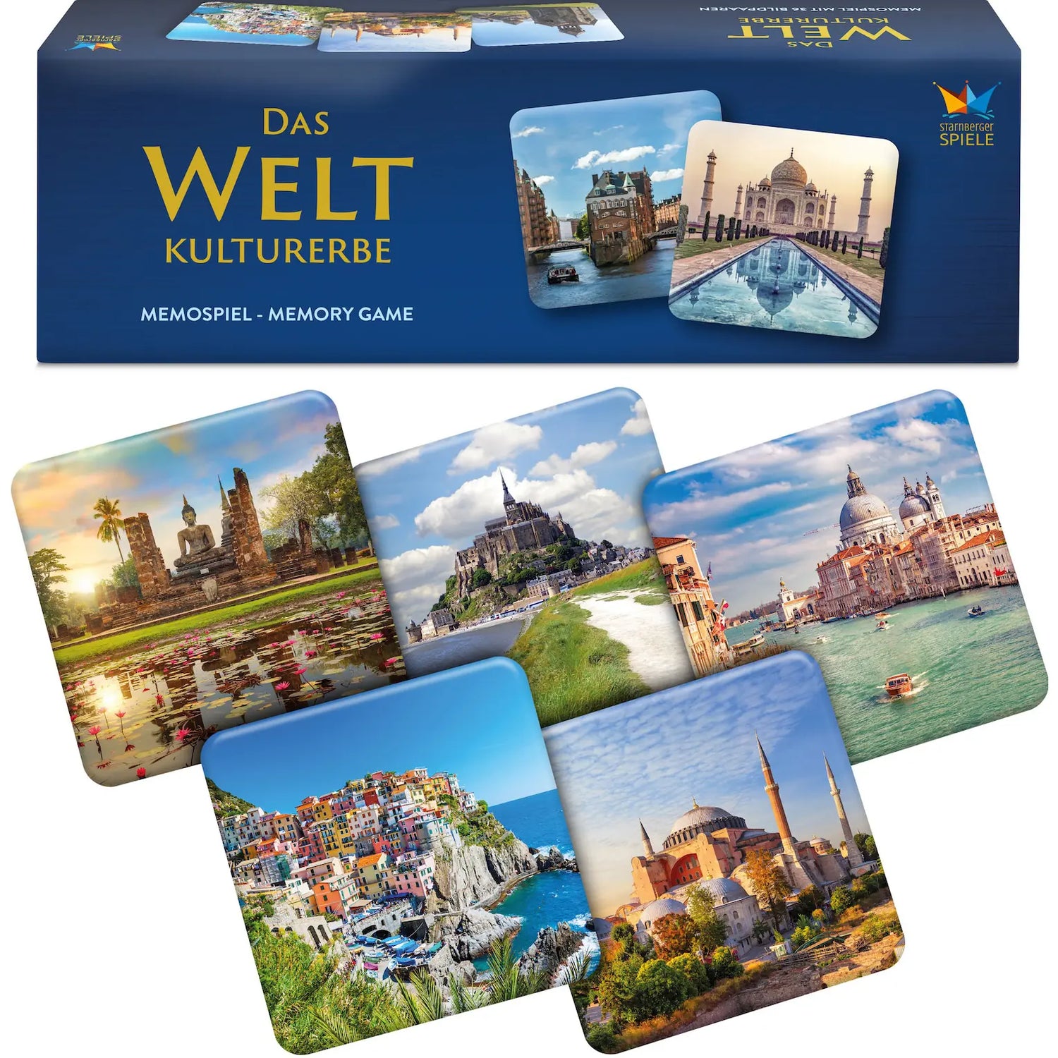 Memospiel Das Weltkulturerbe mit UNESCO-Welterbestätten wie Taj Mahal, Mont-Saint-Michel, Venedig, Cinque Terre, Hagia Sophia und Sukhothai.